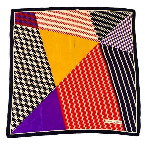 Vintage Christian Dior Silk Scarf Bold Geometric Print Stripes & Houndstooth - Picture 1 of 11